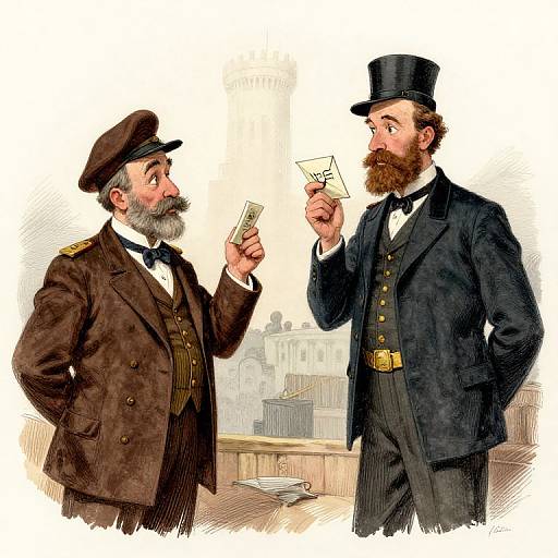 Illustration of two 19th-century men in top hats and coats, one holding a hand of cards, the other looking surprised. Background includes a