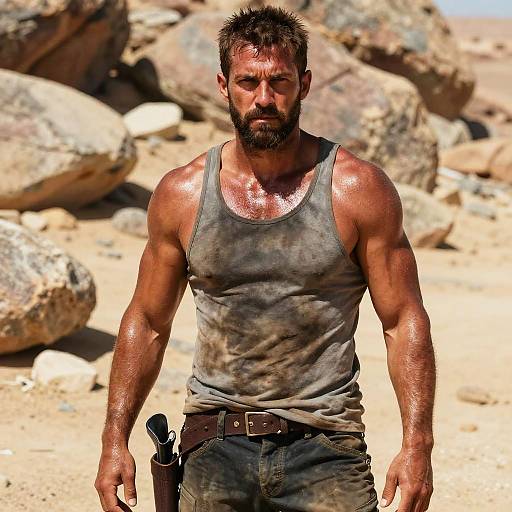 Muscular, bearded man with wet, dirty gray tank top and jeans, holding gun, standing in rocky desert background. Photorealistic CGI.