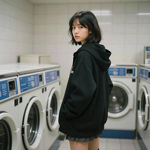 Photograph of an Asian girl with black bob haircut, wearing a black hoodie and grey skirt, standing in a brightly lit laundry room with white tiled walls