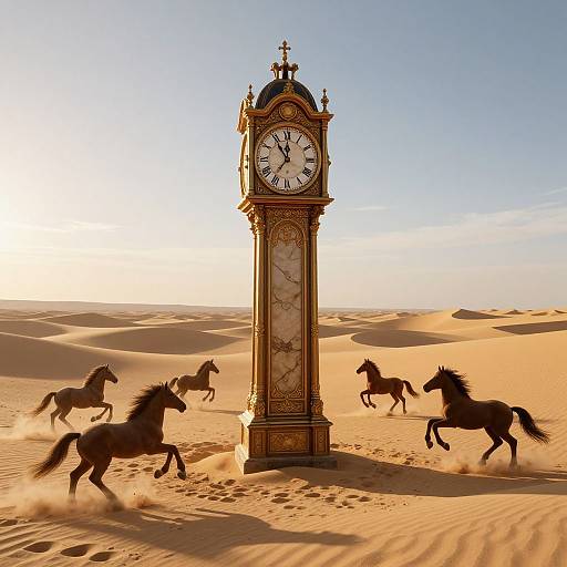 Elegant clock tower with ornate design stands in golden desert, flanked by four galloping horses, sunlight casting long shadows.