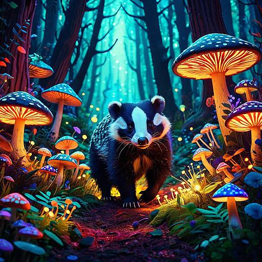 Curious Badger in Psychedelic Forest