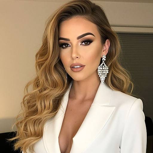 Photograph of a glamorous woman with long, wavy, blonde hair, wearing a white blazer, and large, intricate, silver chandelier earrings