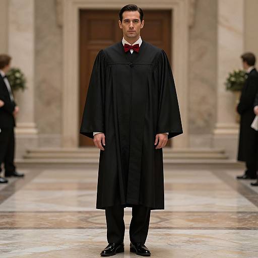Photograph of a serious man in a black academic gown with a red bow tie, standing in a grand, marble-floored hall.