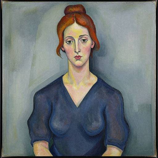Oil painting of a fair-skinned woman with red hair in a bun, wearing a sheer dark blue top, against a gray background. Expressionless,