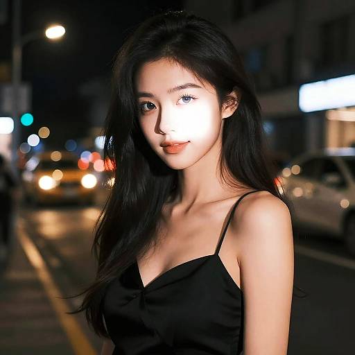 Portrait of Woman with Flash Light on Face at Night