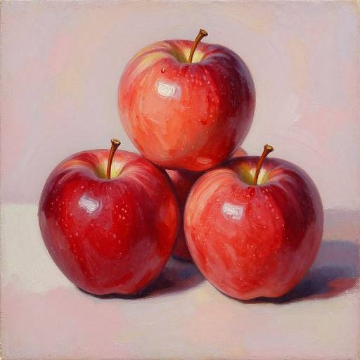Photorealistic painting of three vibrant red apples with subtle speckles, stacked in a triangular formation on a white surface.