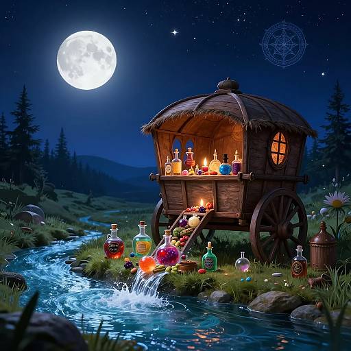 Magical wooden cart by moonlit stream, illuminated bottles, glowing candles, waterfall, starry night sky, forest, and full moon in digital art