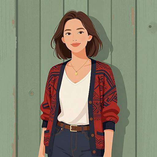 Digital illustration of a smiling woman with short brown hair, wearing a red patterned cardigan, white top, and blue jeans, standing against a green