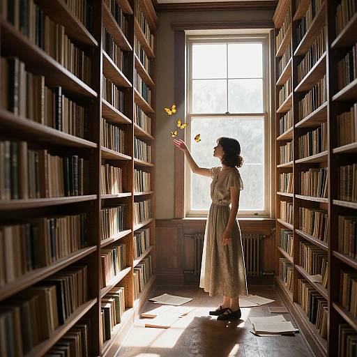 Photograph of a young girl in a white dress, reaching for a yellow butterfly in a sunlit, wooden library aisle.