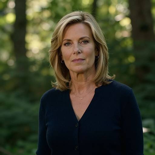 Photograph of a middle-aged woman with blonde hair, wearing a navy blue cardigan, standing in a sunlit forest background.