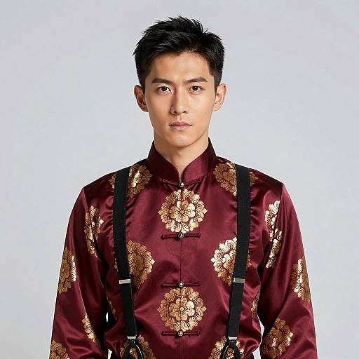 Young Asian Man in Traditional Chinese Shirt with Suspenders