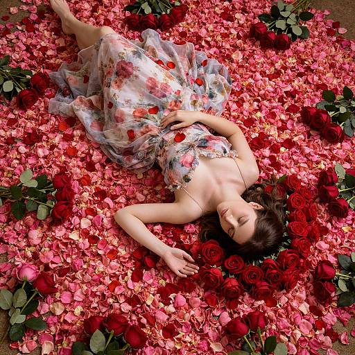 Photograph of a fair-skinned woman with dark hair, lying on a bed of pink and red rose petals and roses, wearing a sheer, floral
