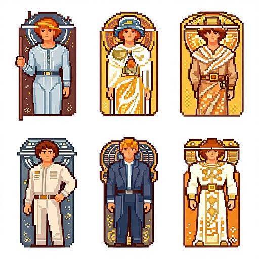 Pixel art of six characters in various outfits: two in white suits, one in a blue suit, one in a brown suit, one in white robes