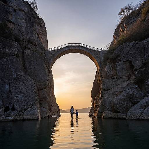 Photograph of two silhouetted people standing under a stone arch bridge between towering rock cliffs at sunset, with a serene, reflective water surface below