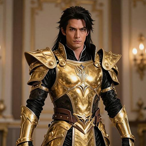 Photorealistic CGI of a handsome, dark-haired man in ornate, gold medieval armor with black leather accents, standing in an opulent, candle