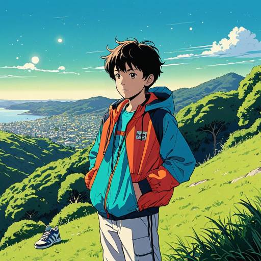 Anime Boy in Vibrant Windbreaker on Hilltop
