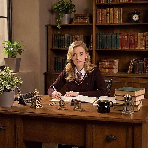 Photograph of a blonde woman in a dark sweater, white shirt, and red tie, writing at a wooden desk with books, plants, and office