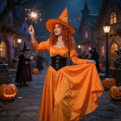 Photograph of a curly red-haired woman in a vibrant orange witch dress and hat, holding a sparkler on a cobblestone Halloween street with jack