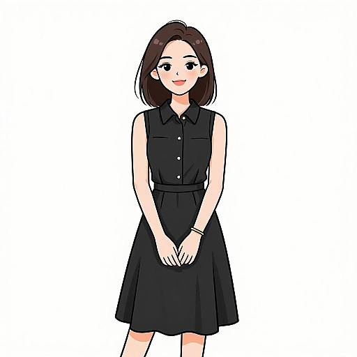 Digital illustration of a smiling young woman with straight brown hair, wearing a sleeveless black dress, standing against a white background.
