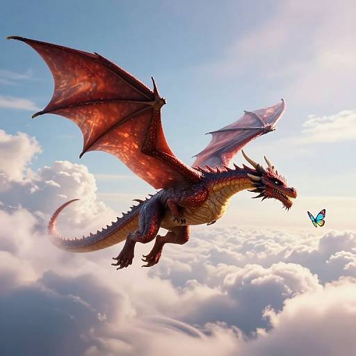 Digital illustration of a red, winged dragon soaring through a bright blue sky with fluffy clouds, chasing a small blue butterfly.