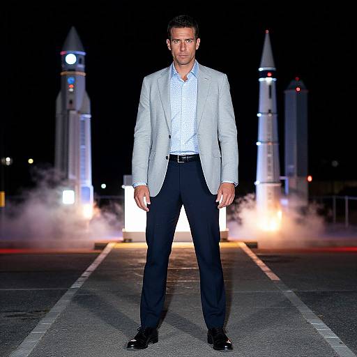 Photograph of a handsome man in a light gray blazer, blue checkered shirt, and black pants, standing confidently in front of lit rocket launch
