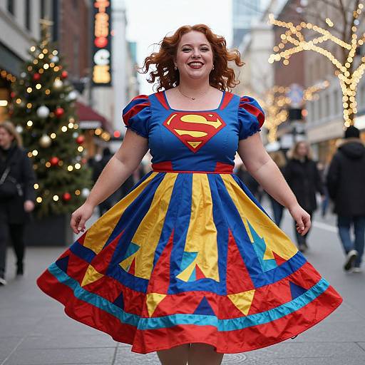 Photograph of a smiling red-haired woman in a colorful Superman-inspired dress, standing in a festive, Christmas-decorated city street.