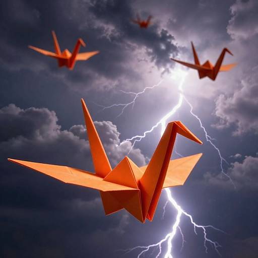 Photograph of three vibrant orange paper cranes flying against a dramatic, stormy sky with bright lightning and clouds.