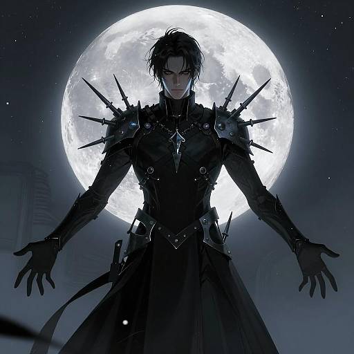 Dark Warrior with Bladed Armor Under Full Moon