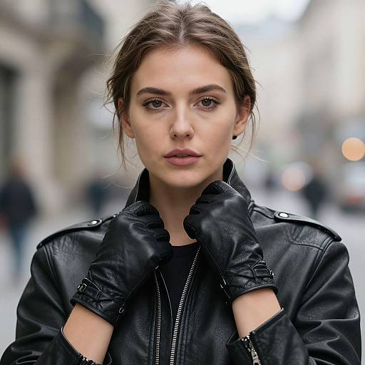 Photorealistic image of a serious, fair-skinned woman with brown hair in a black leather jacket and gloves, standing in a blurred urban street.