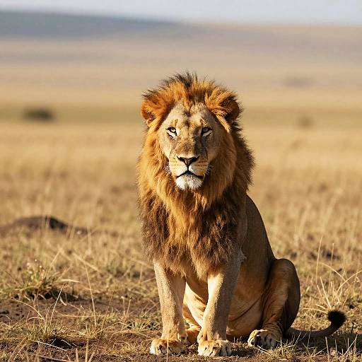 Photograph of a majestic male lion with a full, dark mane sitting in a sunlit, dry savanna grassland, gazing intensely forward.