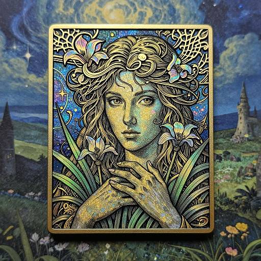 Detailed digital illustration of a serene, ethereal woman with flowing hair, intricate patterns, and colorful background, set against a mystical landscape.