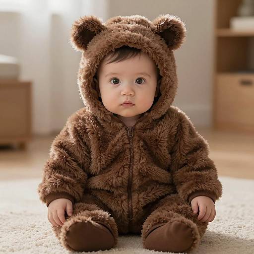 Baby in Brown Bear Onesie Sitting Indoors