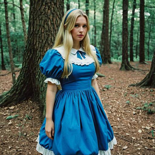 Young Woman in Blue Alice Costume in Forest