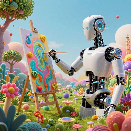 Digital artwork of a white, humanoid robot painting a vibrant, abstract swirl on an easel in a colorful, whimsical garden with multicolored flowers