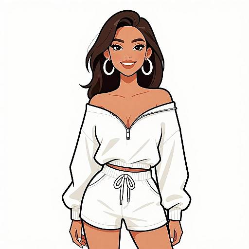 Digital illustration of a smiling, dark-haired woman with hoop earrings, wearing a white off-shoulder crop top and white shorts, against a white background