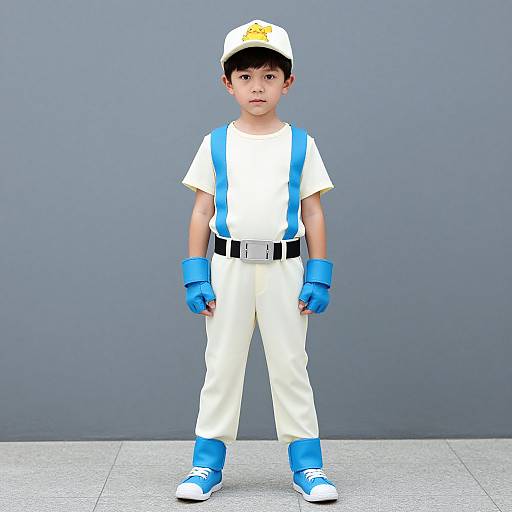 CGI image of a young boy in a white baseball uniform with blue gloves, suspenders, and shoes, standing against a gray wall.