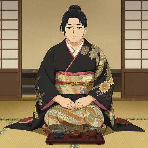 Digital anime-style drawing of a Japanese woman in a black floral kimono, sitting on a tatami mat, with tea set in front.