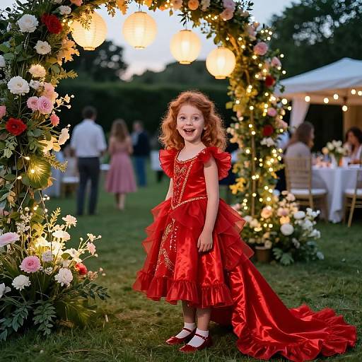 Photograph of a joyful red-haired girl in a vibrant red, ruffled dress standing under a floral arch with glowing lights at an outdoor evening event.