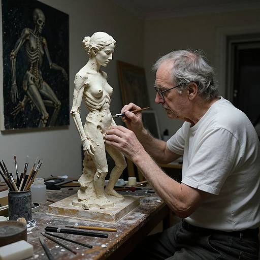 Photograph of an elderly sculptor, wearing glasses and white shirt, meticulously detailing a nude, unfinished, white marble statue in a dimly lit studio