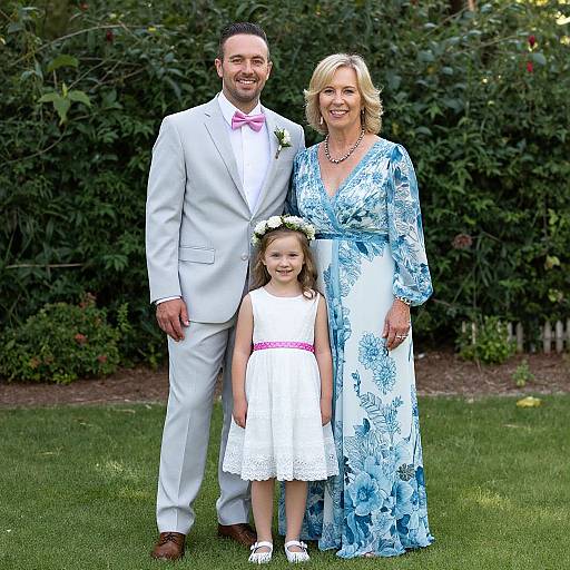 Photograph of a smiling family: bearded man in white suit and pink bow tie, blonde woman in blue floral dress, and young girl in white
