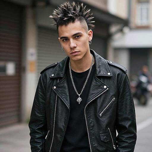 Photograph of a young man with spiked black hair, wearing a black leather jacket, black shirt, silver chain, and earring, standing on a