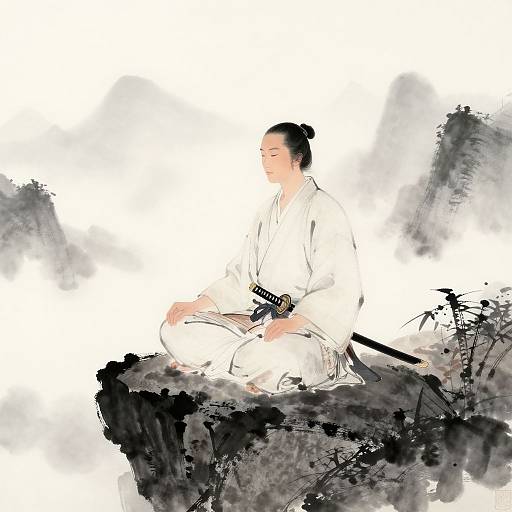 Bald Samurai Meditating on Cliff