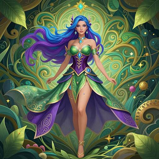 Digital fantasy artwork of a blue-haired, green-eyed fairy queen with flowing hair, wearing a green and purple ornate dress, surrounded by swirling green and
