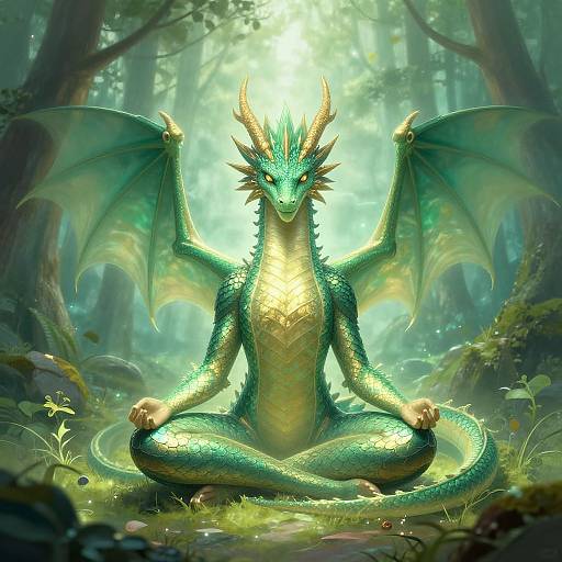 Digital art of a majestic green and gold dragon meditating in a misty forest, sitting cross-legged with wings spread, glowing under sunlight.