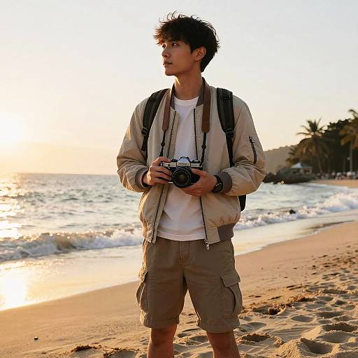 Sunset Beach Travel Enthusiast With Camera