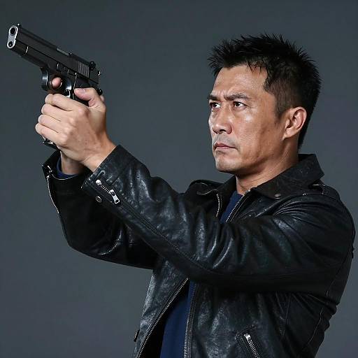 Serious Man Holding Handgun in Leather Jacket