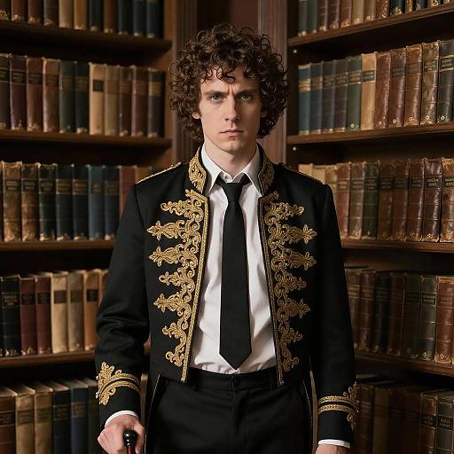 Photograph of a curly-haired man in ornate black jacket with gold embroidery, black tie, and white shirt, standing in a library with booksh