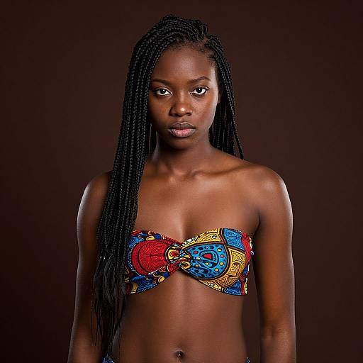 Photograph of a dark-skinned, black woman with long braids, wearing a colorful, abstract-patterned, strapless top against a dark brown