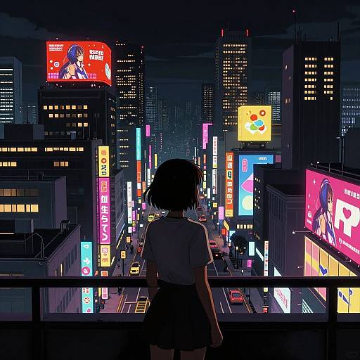 Anime-style digital drawing of a girl with short black hair, back facing, standing on a balcony overlooking a neon-lit, colorful cityscape with bill