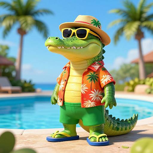 Anthropomorphic Crocodile in Tropical Attire